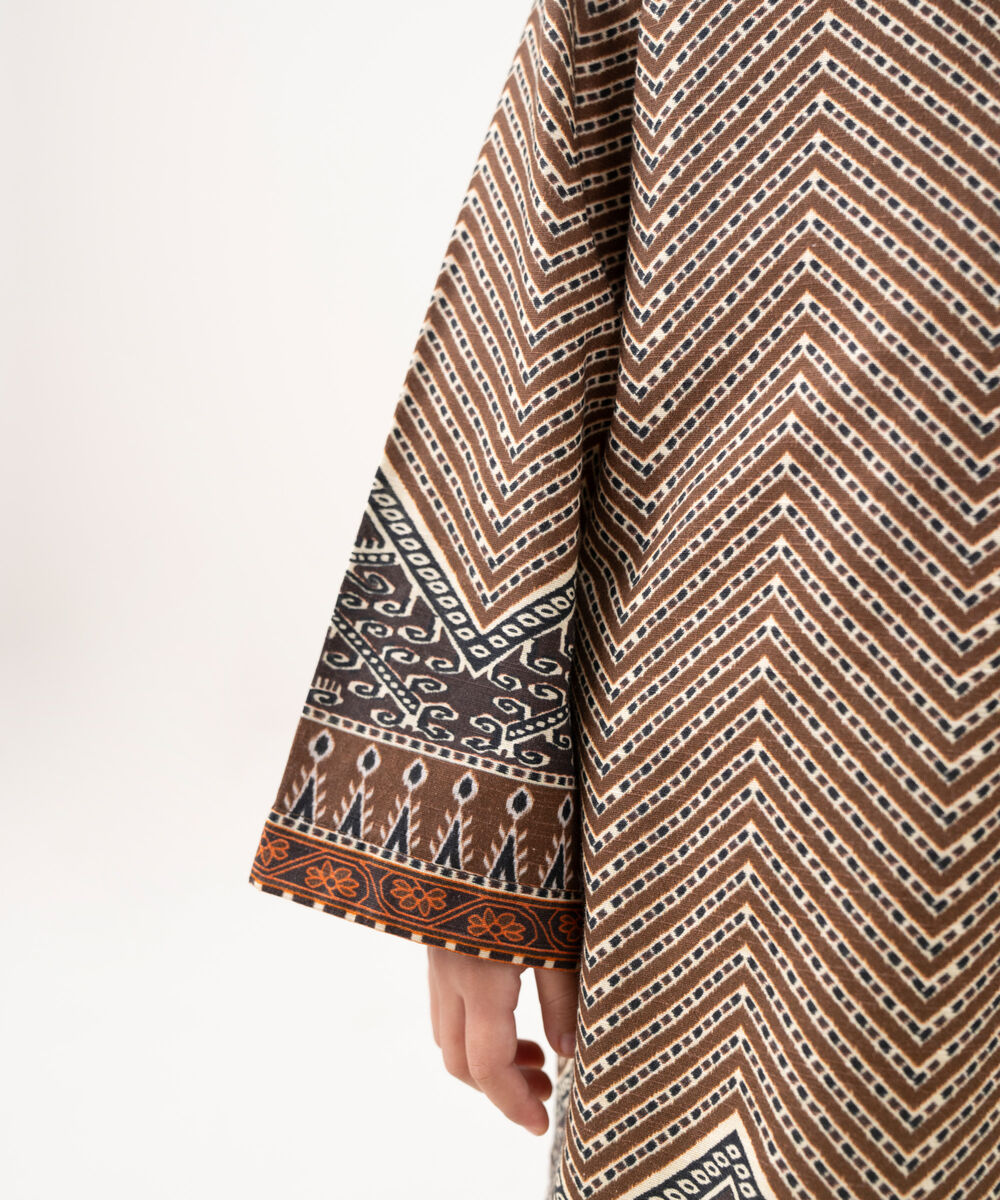 Girl's Light Khaddar Printed Brown 2 Piece Suit