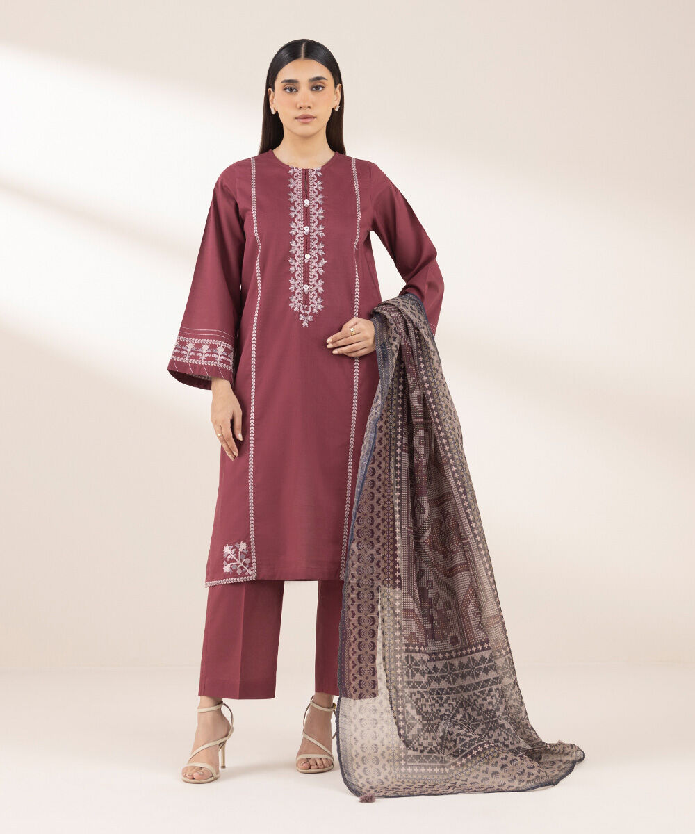 Women's RTW Cross Hatch Red Embroidered A-Line Shirt