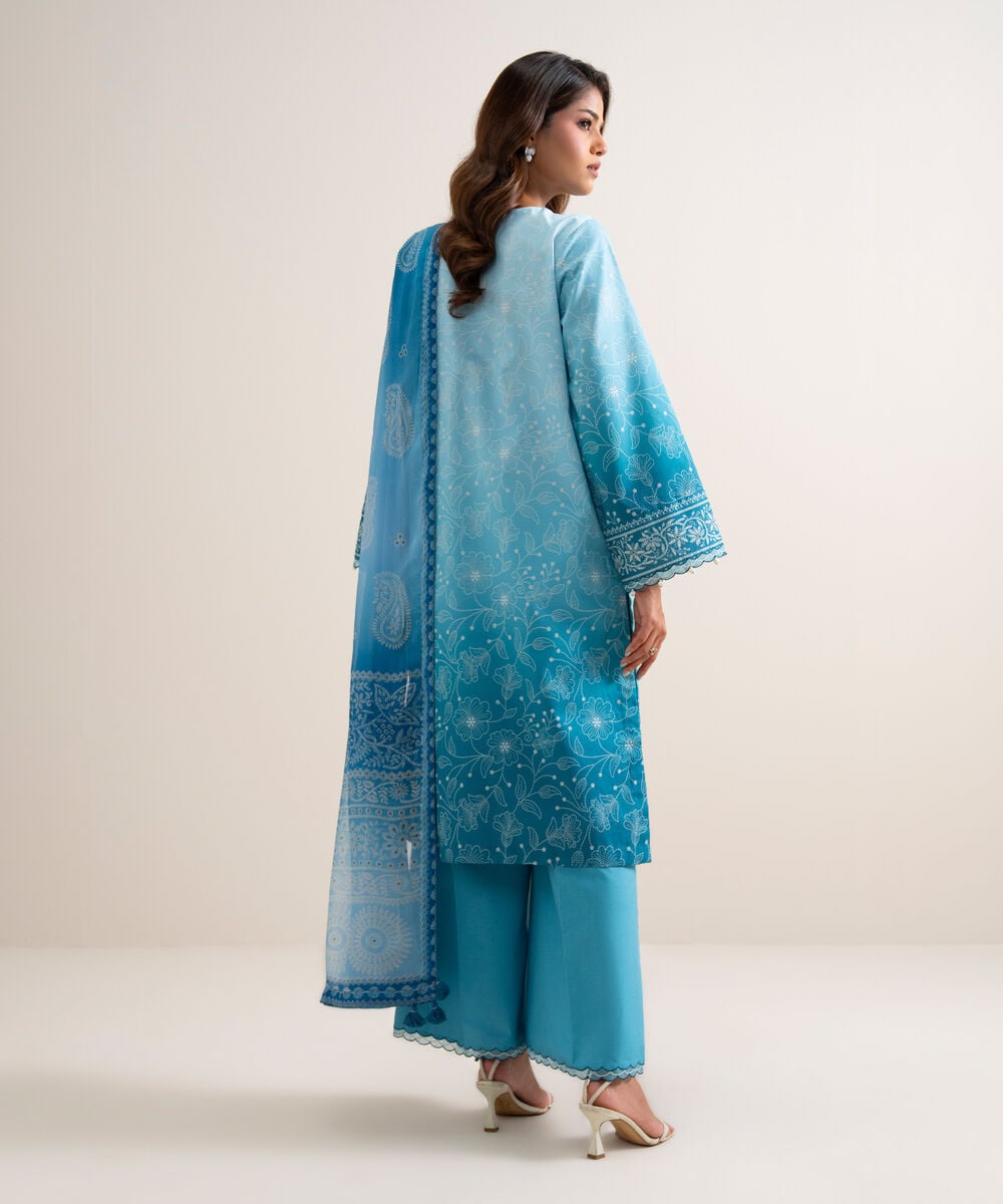 Women's Unstitched Lawn Embroidered Blue  3 Piece Suit