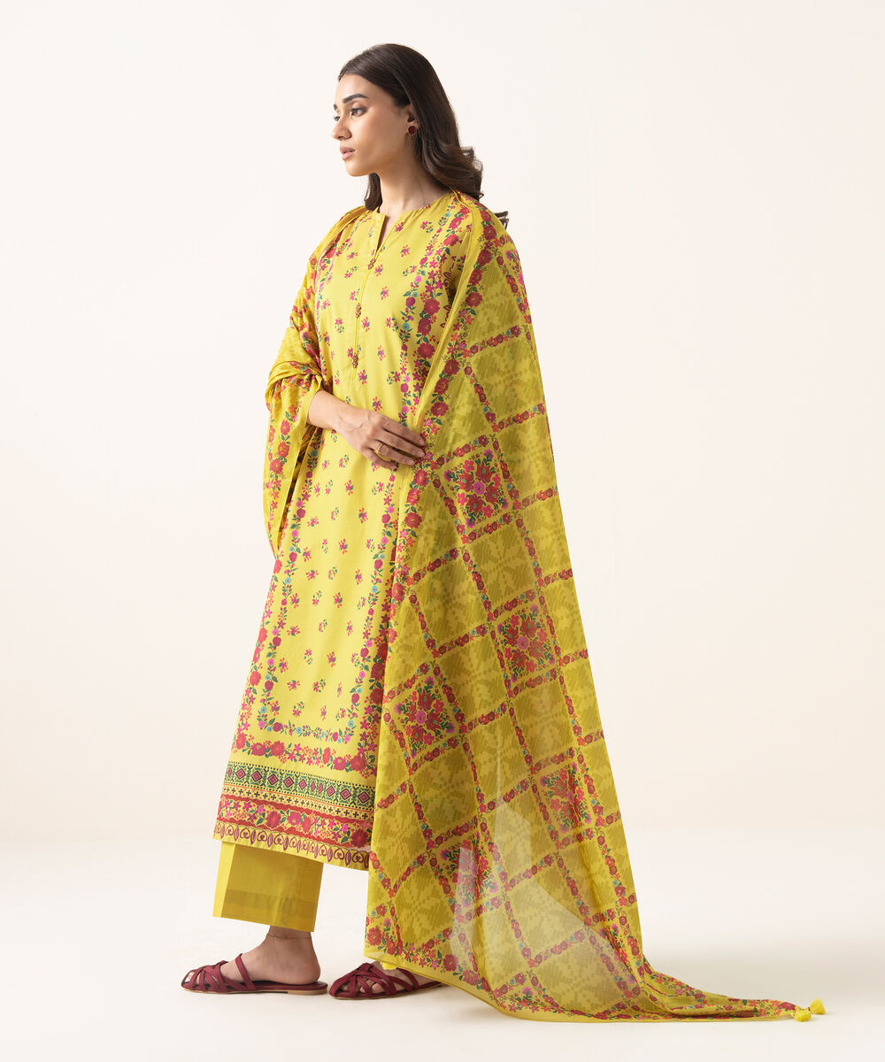 Women's Unstitched Lawn Printed Yellow 3 Piece Suit