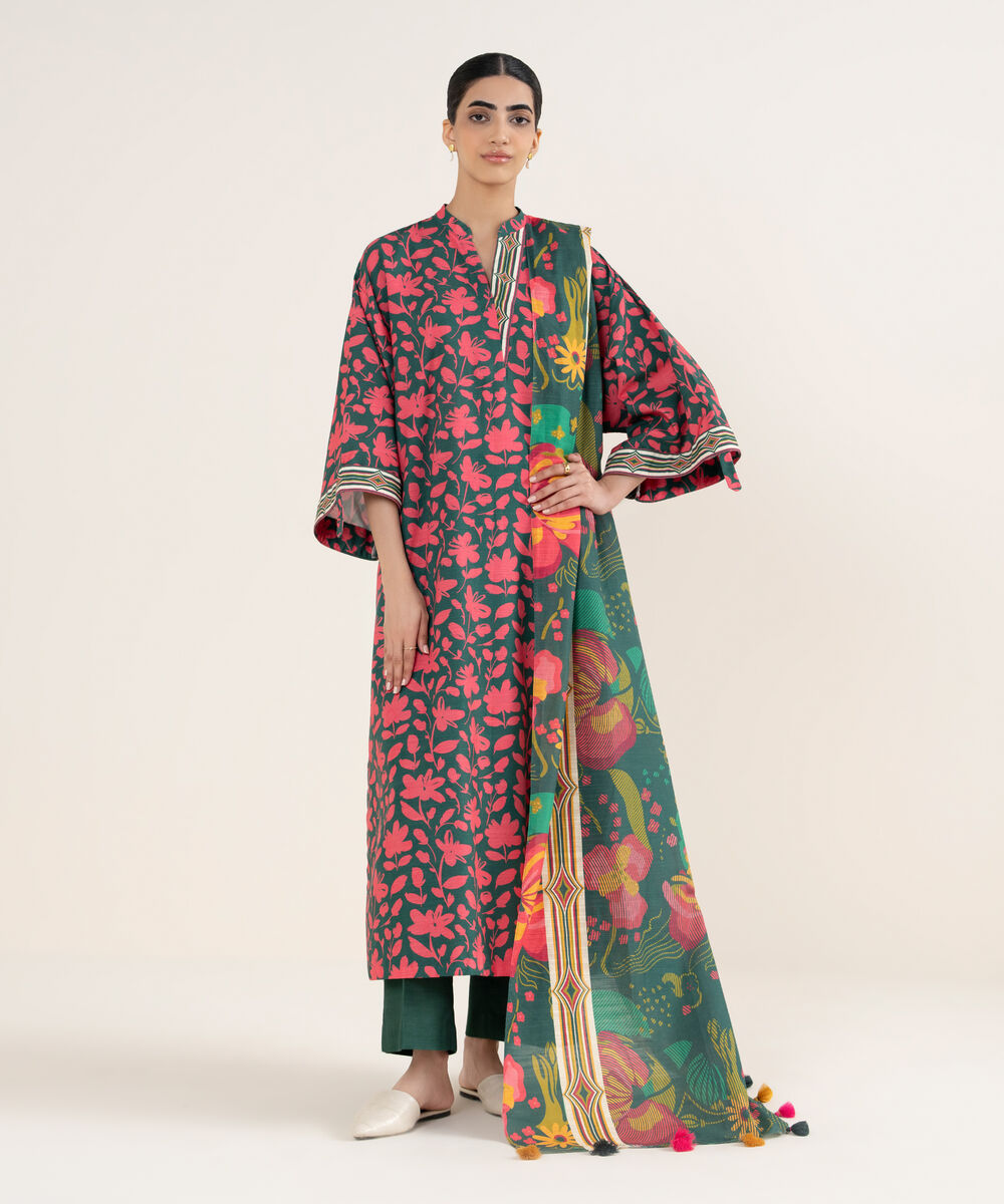 Women's Unstitched Printed Khaddar Forest Green and Bright Maron 3 Piece Suit