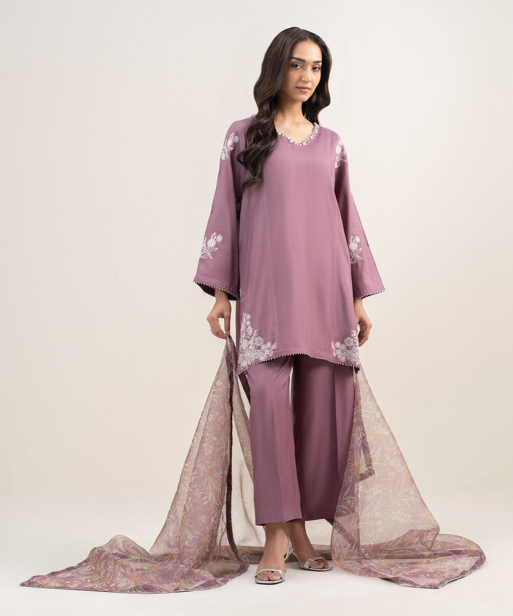 Women's RTW Viscose Raw Silk Embroidered Mauve 3 Piece Suit