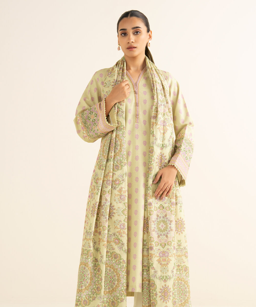 Women's Unstitched Light Khaddar Embroidered Yellow 2 Piece Suit