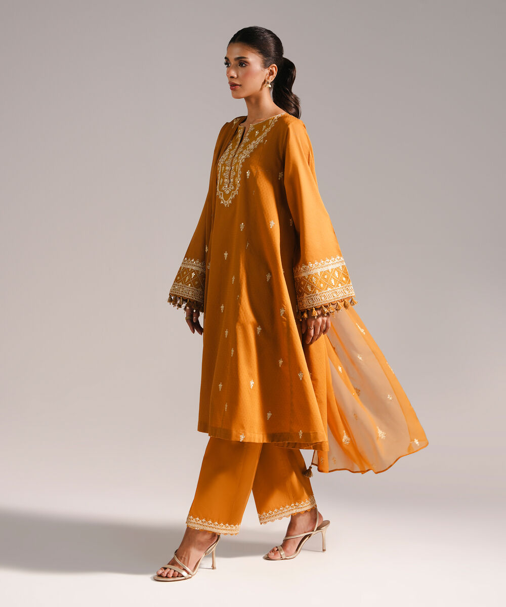 Women's RTW Dobby Embroidered Mustard Yellow 3 Piece Suit