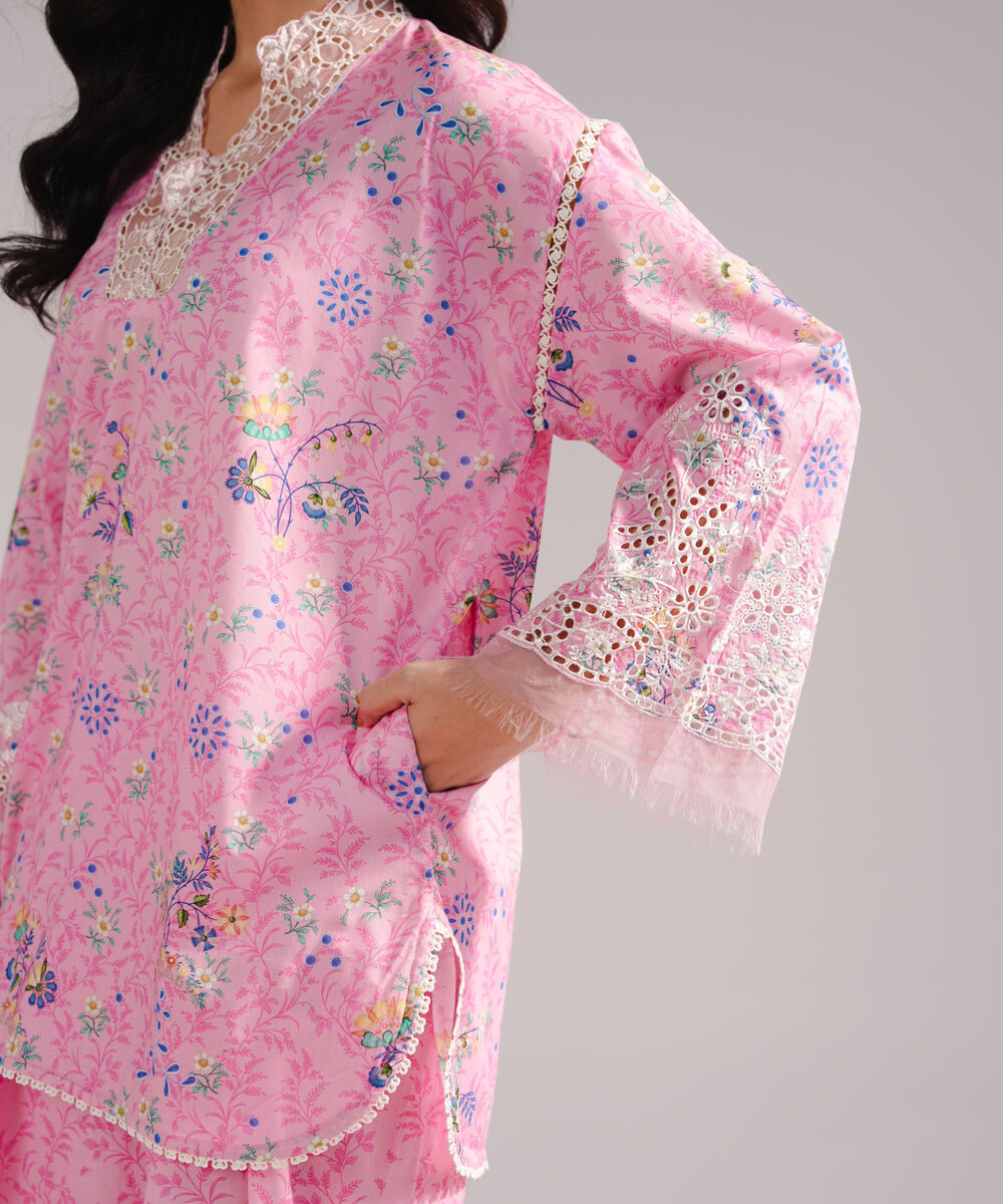 Women's RTW Lawn Embroidered Pink Straight Shirt
