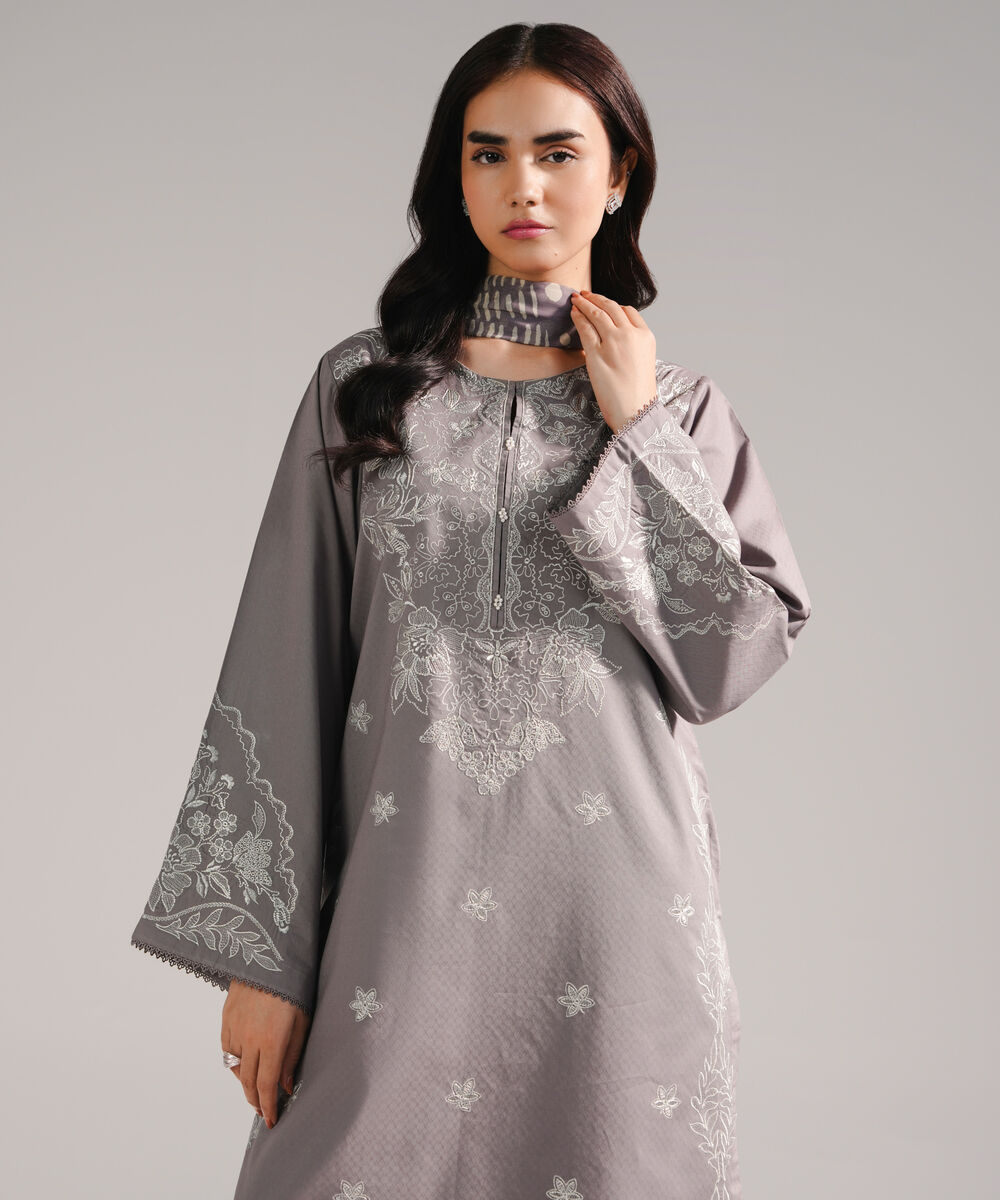 Women's RTW Dobby Embroidered Grey 3 Piece Suit