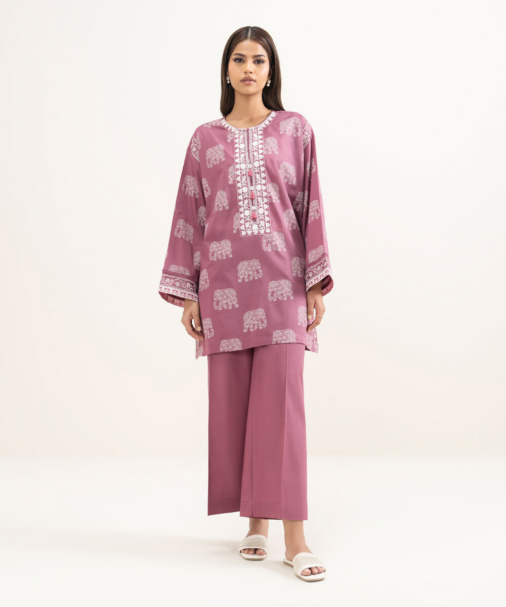 Women's RTW Lawn Embroidered Mauve Boxy Shirt