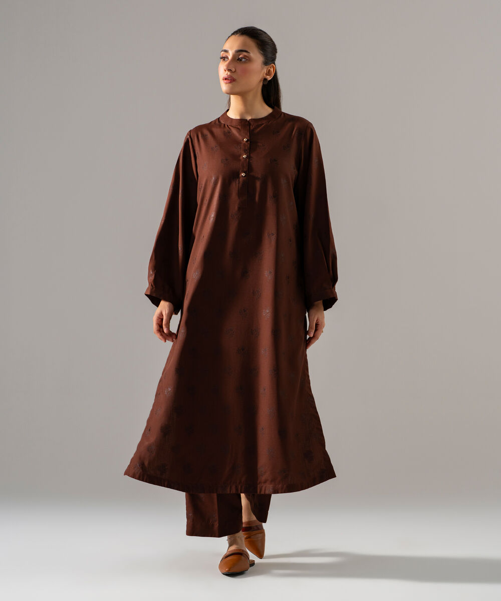 Women's RTW Poly Viscose Jacquard Solid Brown 2 Piece Suit