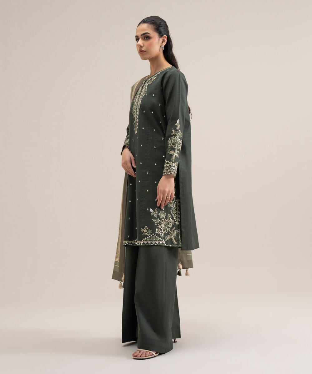 Women's Unstitched Basic Khaddar Embroidered Green 3 Piece Suit