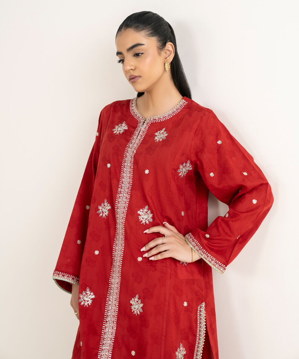 Women's RTW Self Jacquard Embroidered Red Straight Shirt