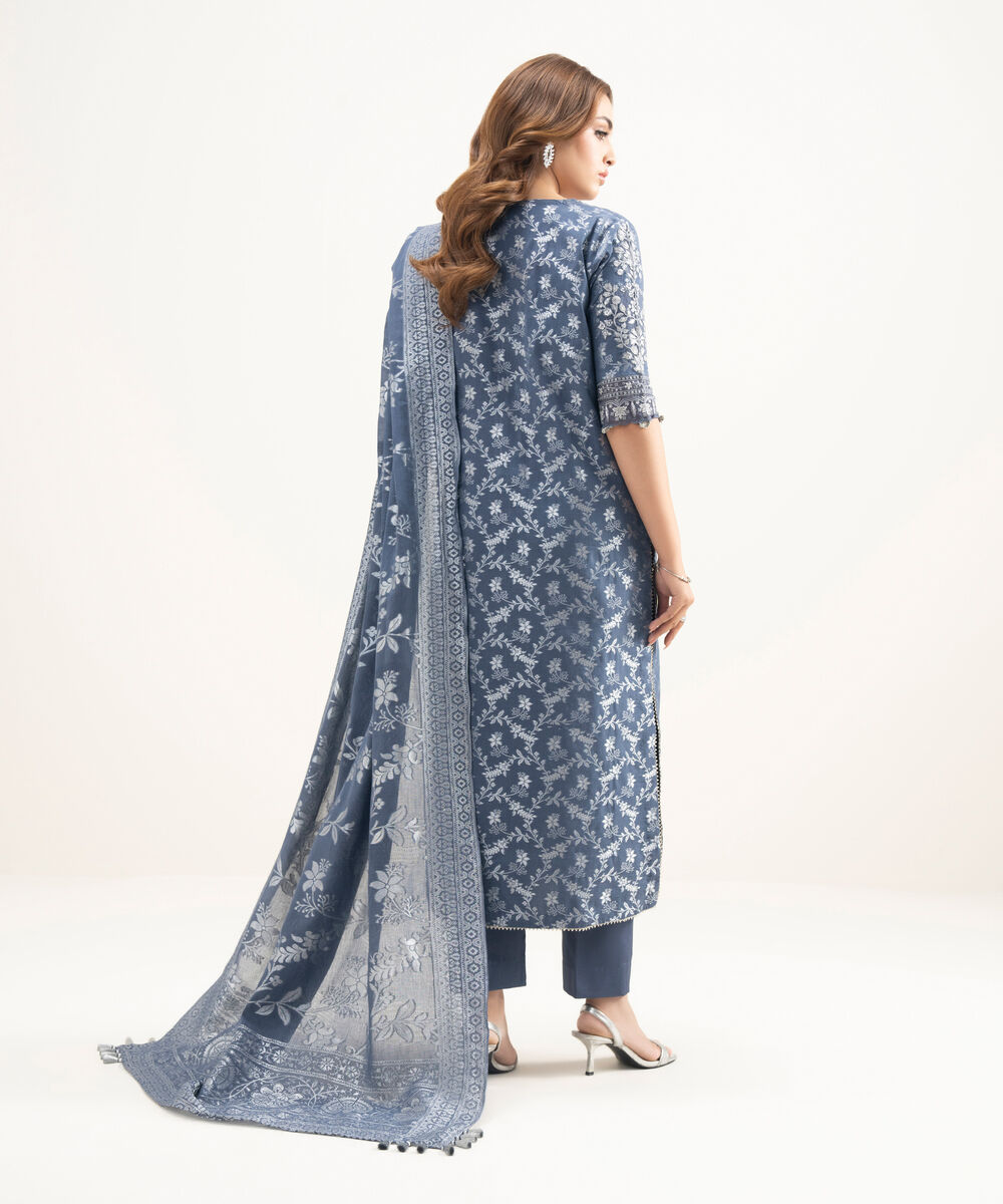 Women's Unstitched Extra Weft Jacquard Embroidered Blue 3 Piece Suit