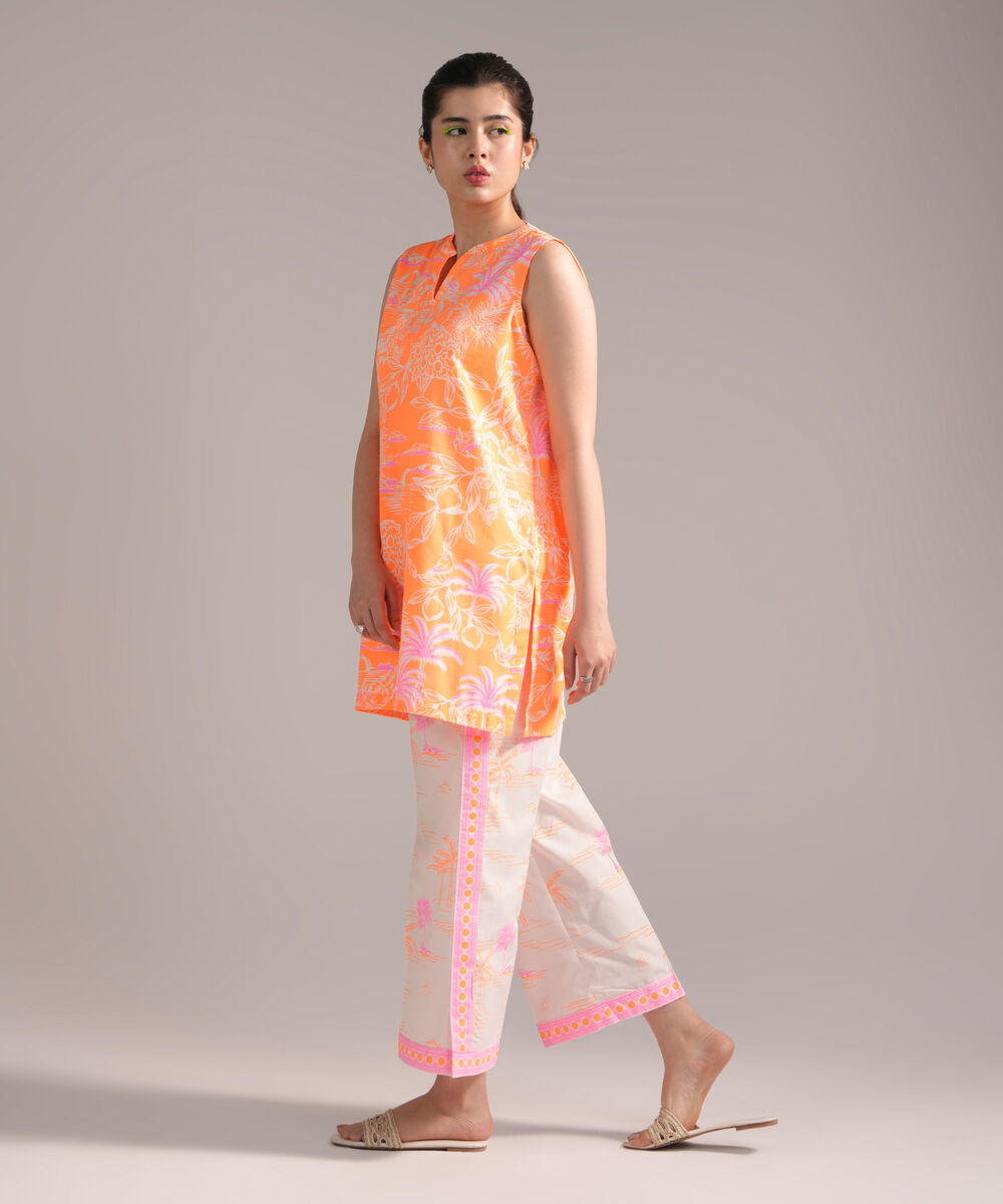 Women's RTW Dobby Printed Bright Orange 2 Piece Suit