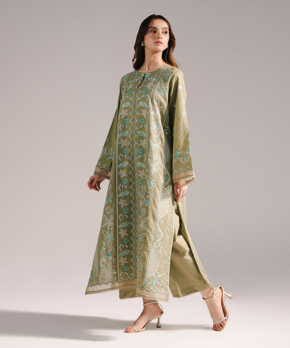 Women's RTW Textured Cotton Embroidered Olive Green 2 Piece Suit