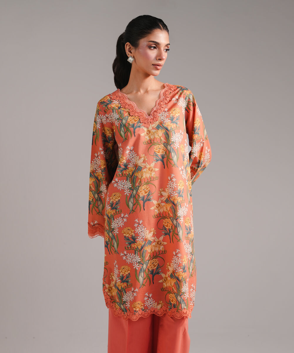 Women's RTW Slub Lawn Embroidered Coral 2 Piece Suit