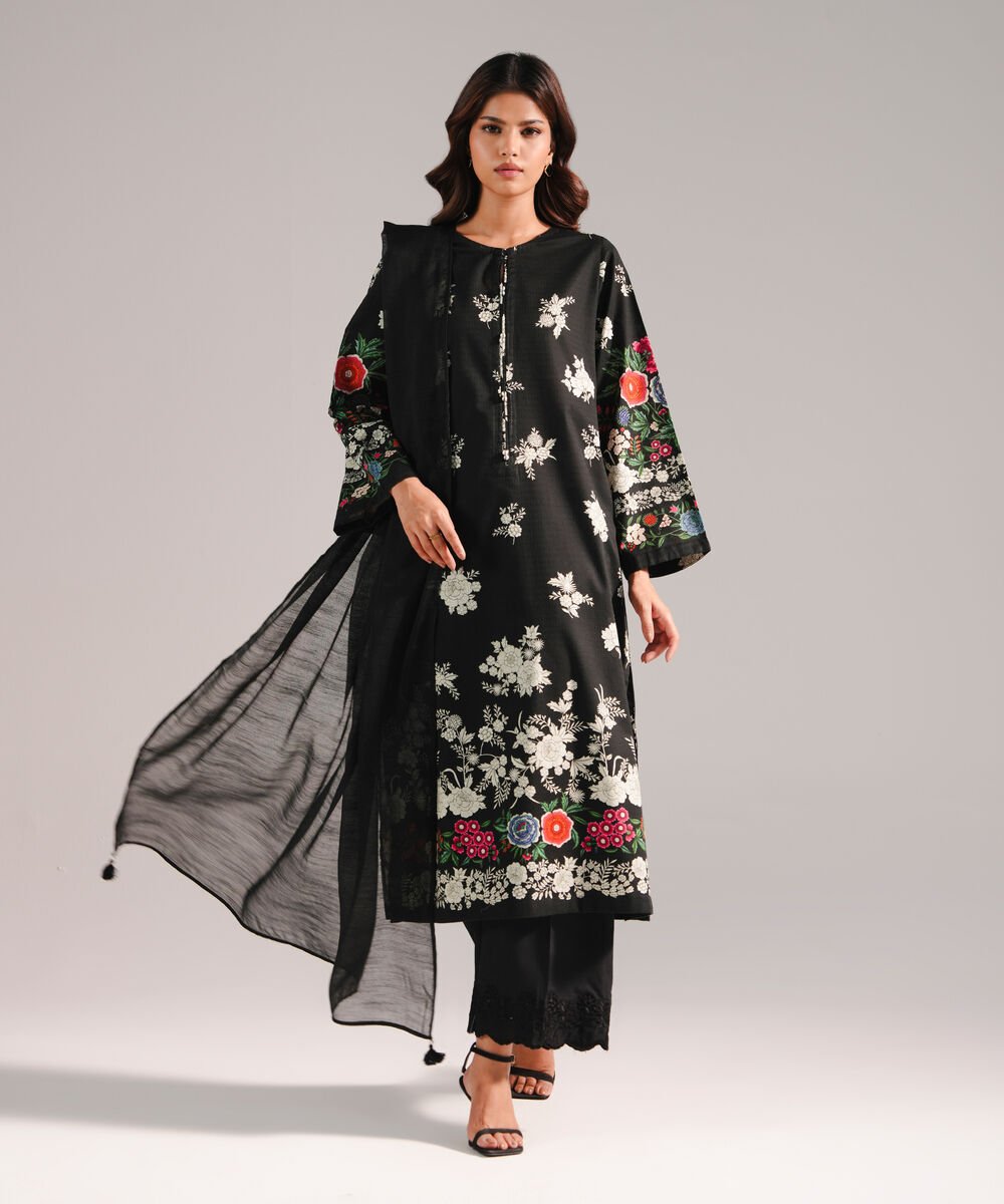 Women's RTW Dobby Printed Black 3 Piece Suit