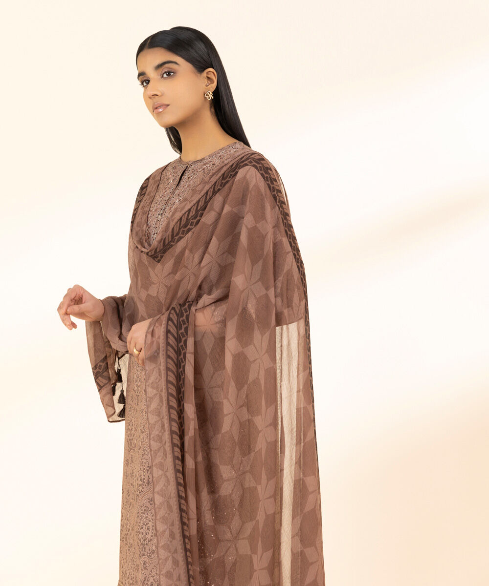 Unstitched Women's Embroidered Lawn Brown Three Piece Suit