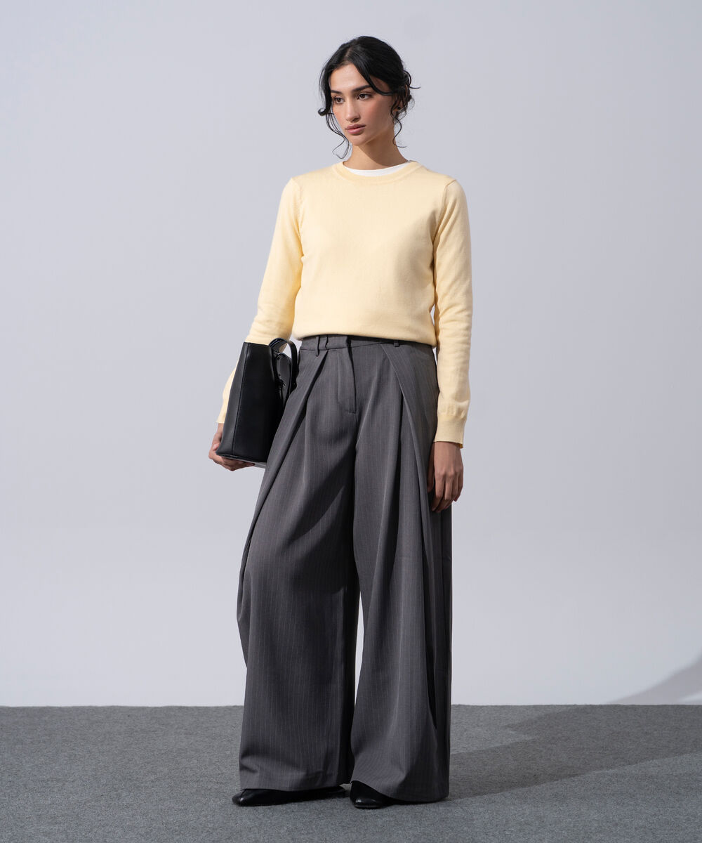 Women's Western Wear Grey Polyester Pleated Wide Leg Trousers