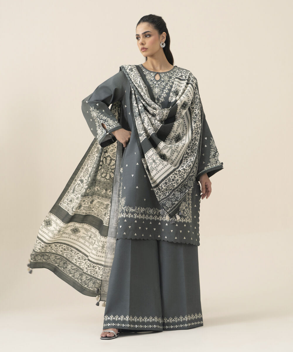 Women's Unstitched Lawn Embroidered Grey 3 Piece Suit