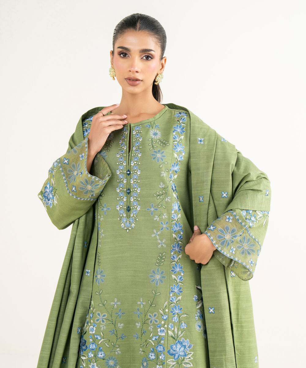 Women's Unstitched Lawn Embroidered Green 3 Piece Suit