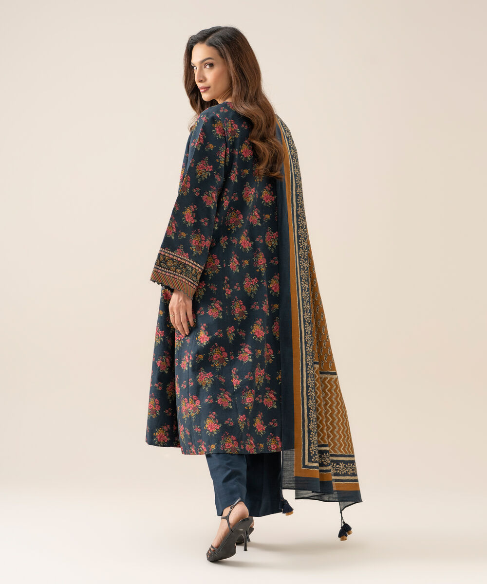 Women's Unstitched Light Khaddar Embroidered Blue 3 Piece Suit