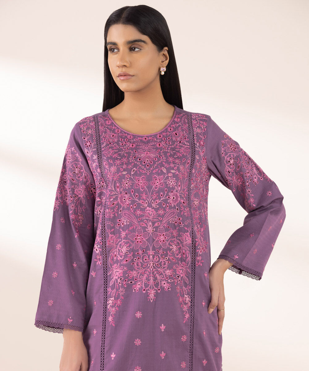 Women's RTW Dobby Purple Embroidered A-Line Shirt