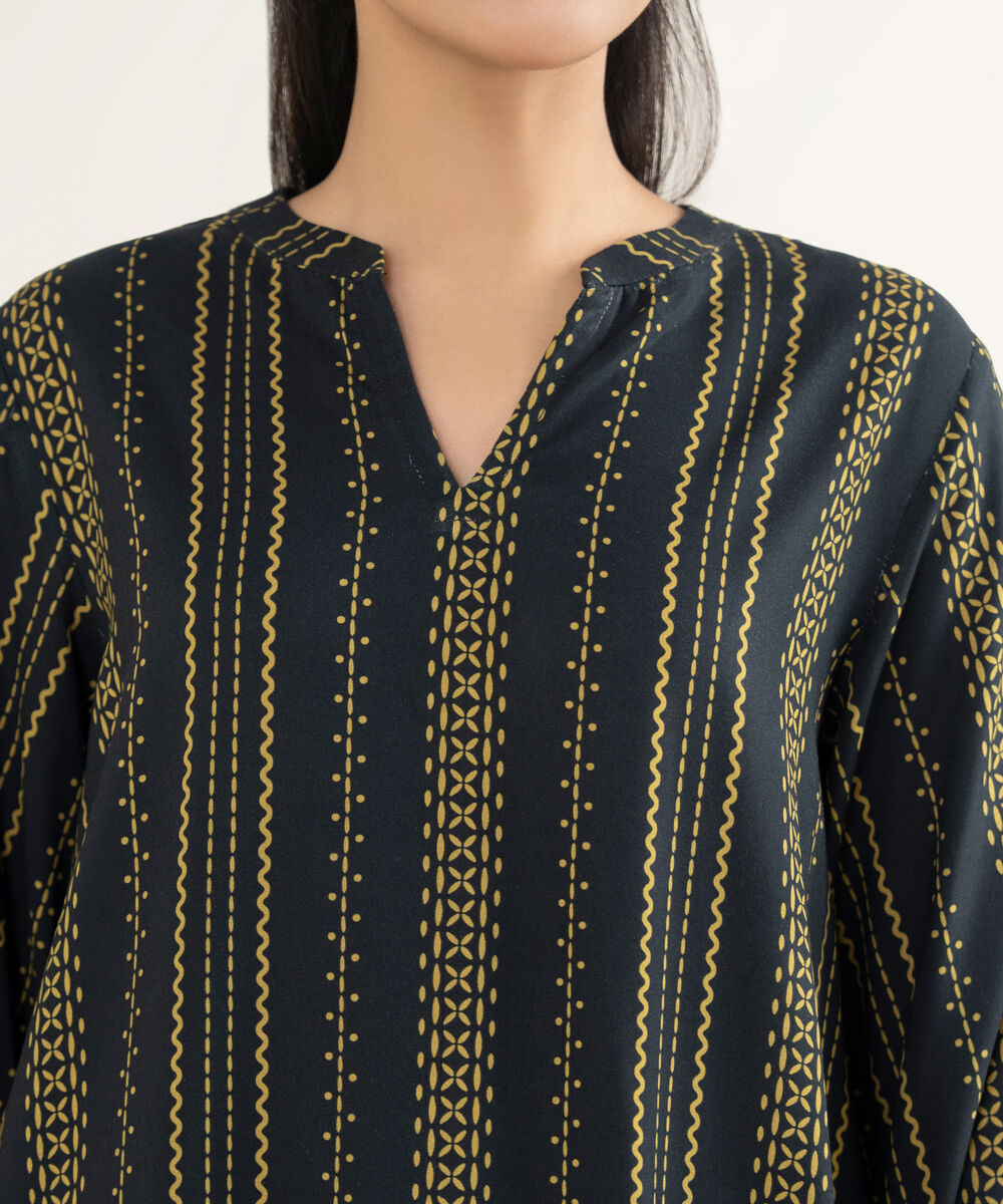 Women's RTW Linen Printed Black Straight Shirt