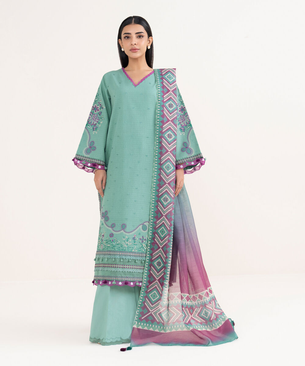 Women's Unstitched Dobby Embroidered Green 3 Piece Suit