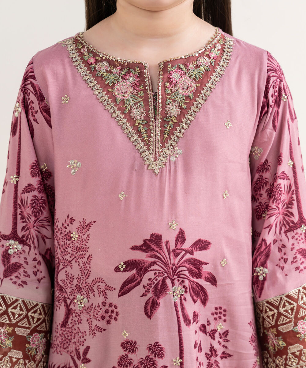 Girl's Viscose Raw Silk Embroidered Pink Three Piece Suit