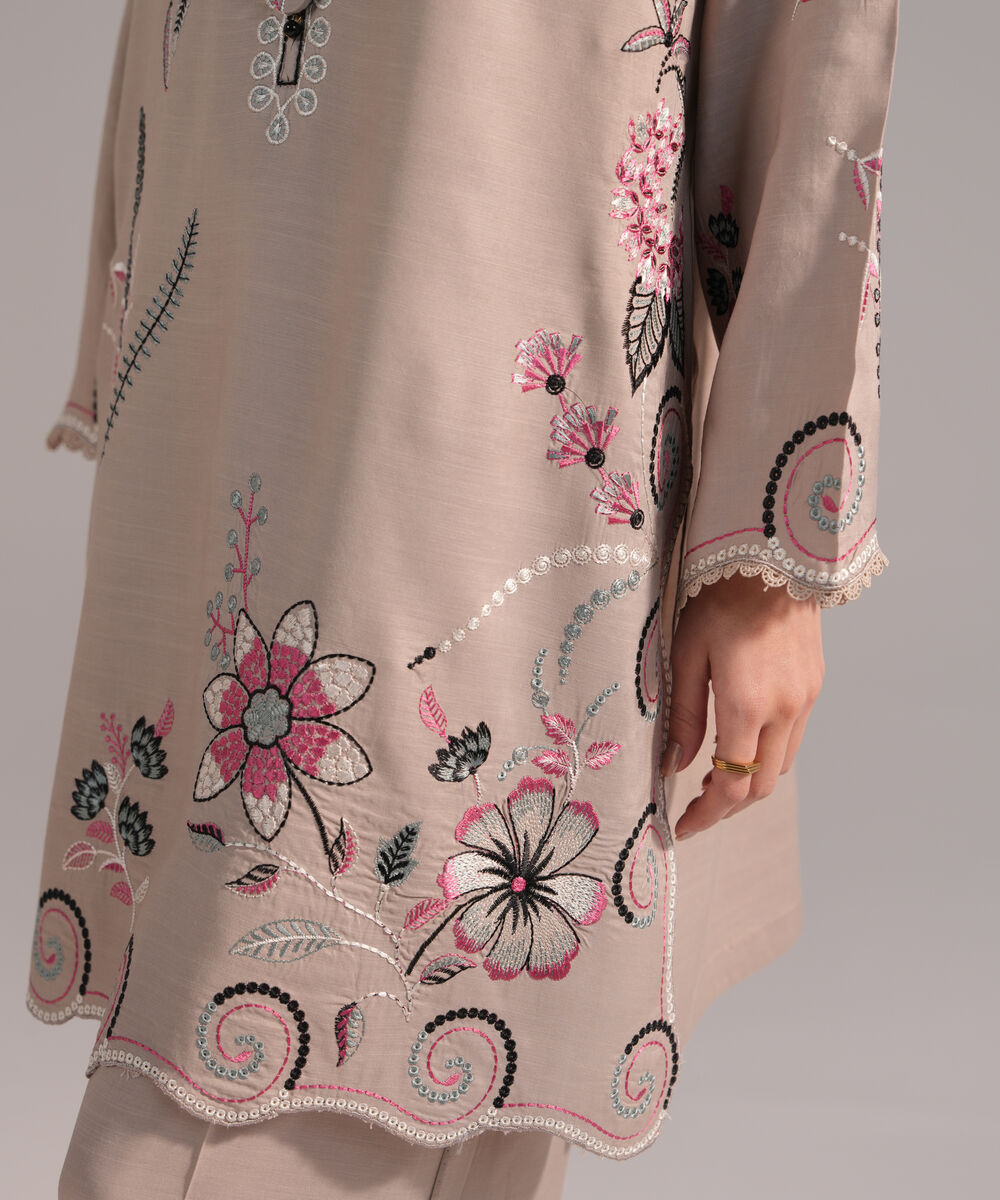 Women's RTW Viscose Raw Silk Embroidered Grey 2 Piece Suit