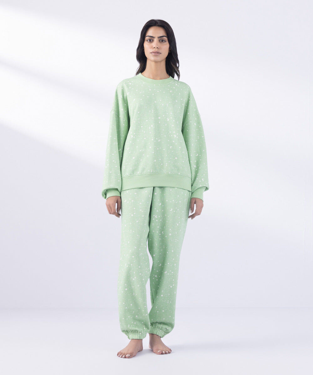 Woman - Green Oversized Printed Sweatshirt With Pajama Set