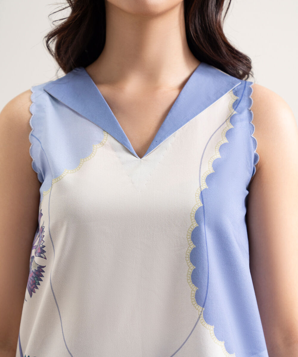 Women's Unstitched Lawn Printed Off White & Blue  2 Piece Suit