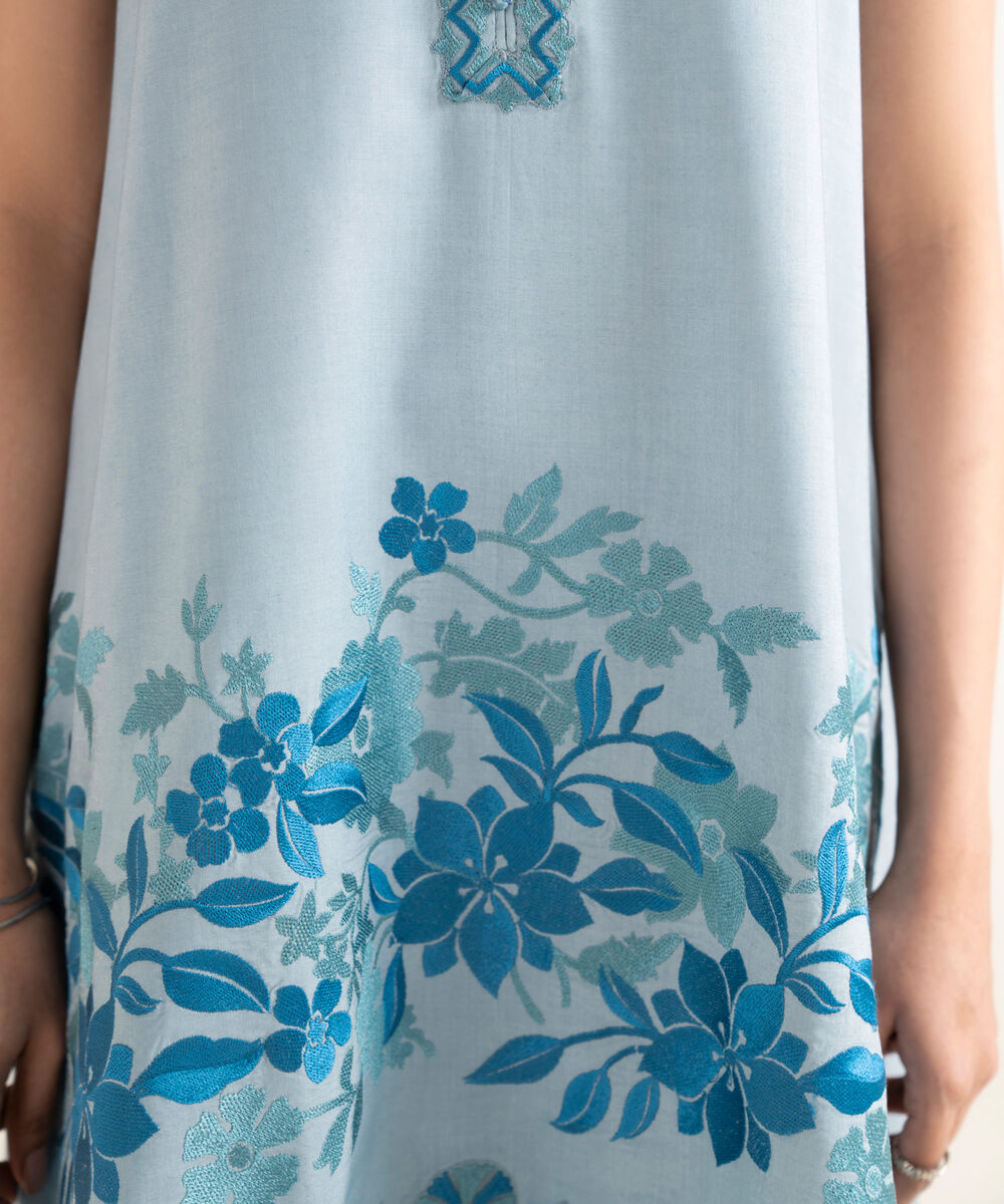 Women's Unstitched Linen Embroidered Blue 2 Piece Suit