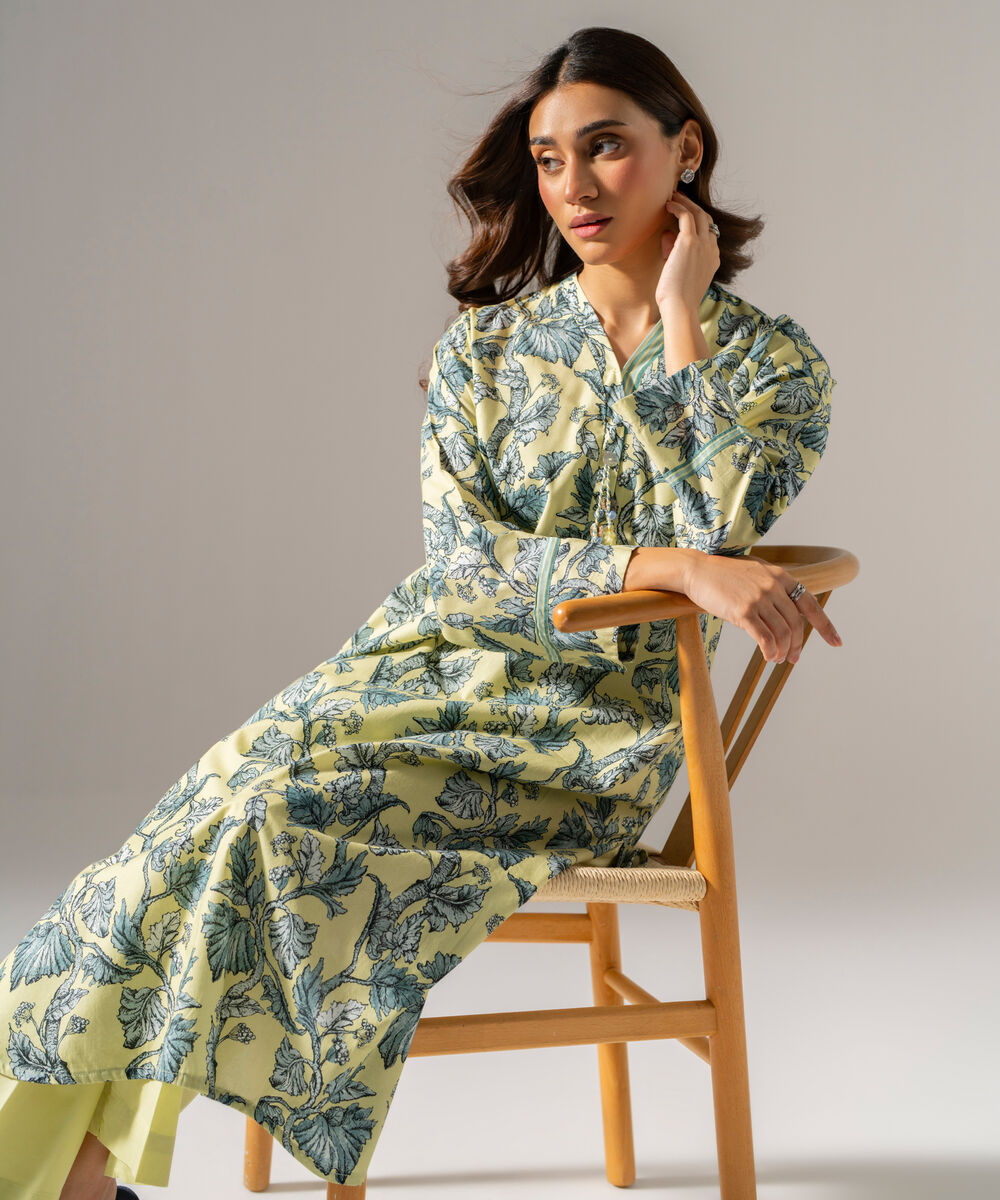 Women's RTW Cambric Printed Pale Yellow Straight Shirt