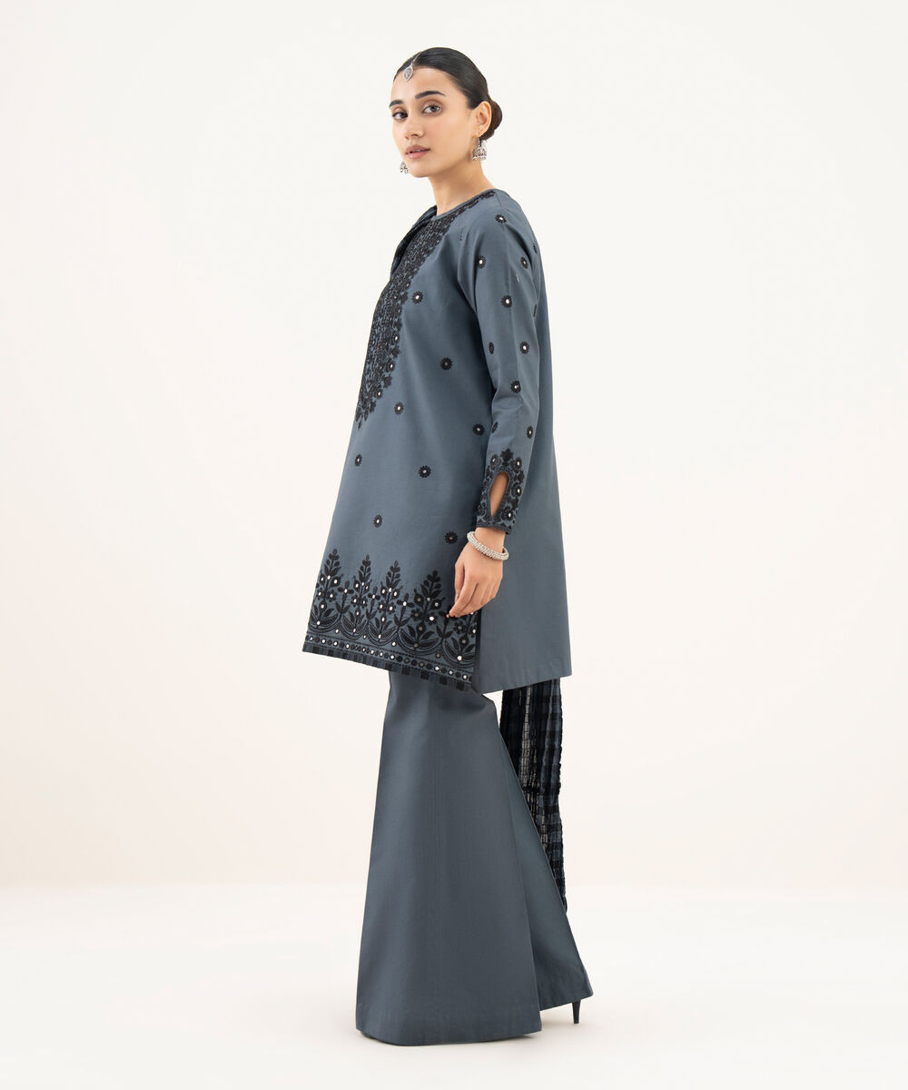 Women's Unstitched Cotton Embroidered Grey 3 Piece Suit