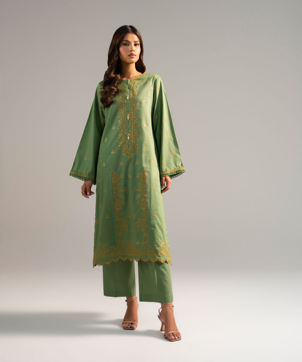 Women's RTW Dobby Embroidered Green 2 Piece Suit