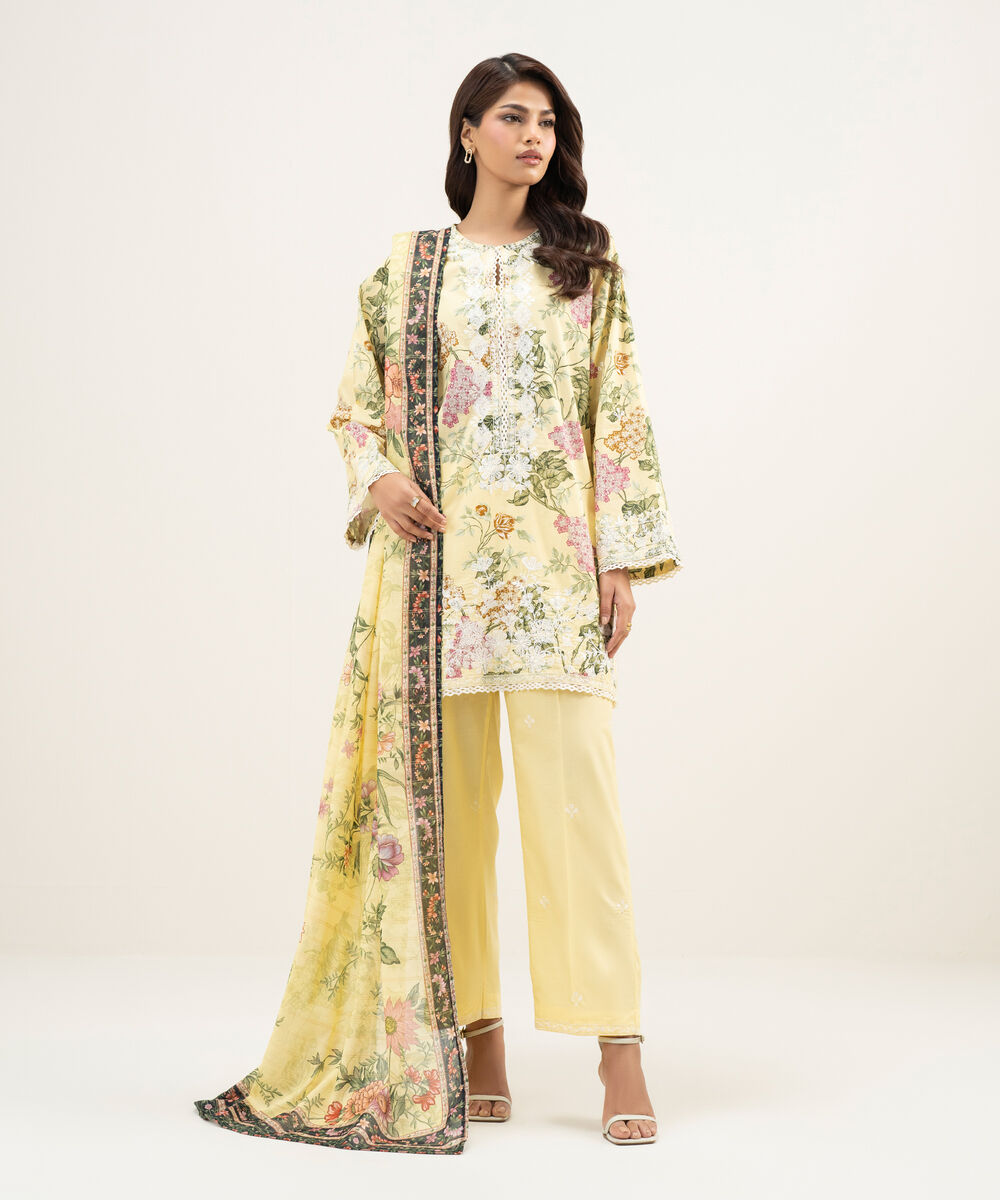 Women's RTW Lawn Embroidered Yellow 3 Piece Suit