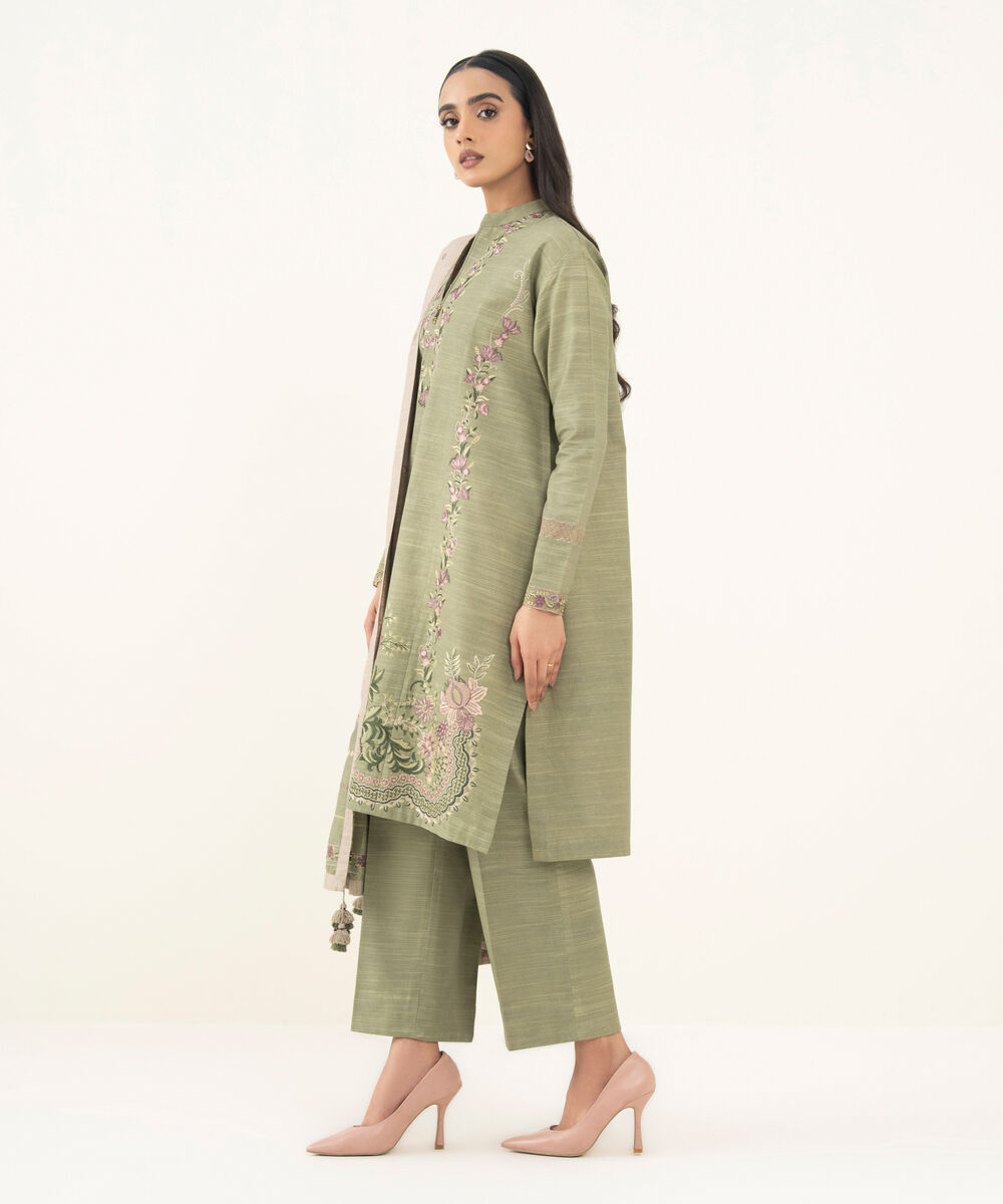 Women's Unstitched Embroidered Khaddar Moss Green 3 Piece Suit