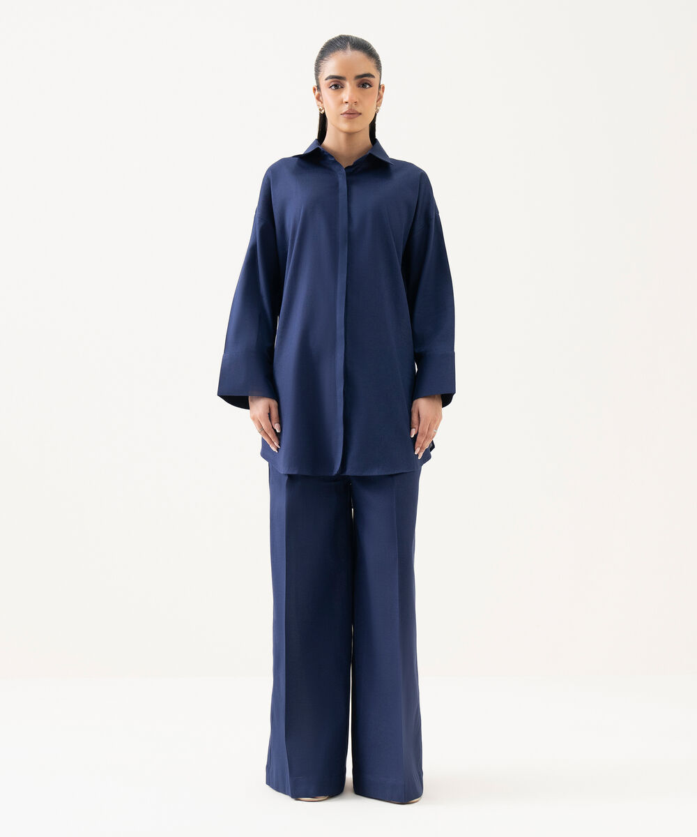 Women's RTW Cotton Linen Blue Solid Button Down Shirt