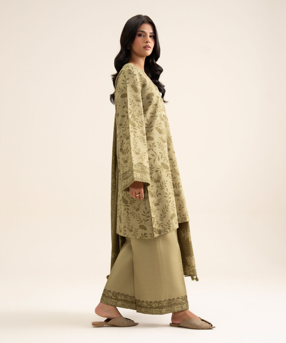 Women's Unstitched Light Khaddar Printed Olive Green 3 Piece Suit