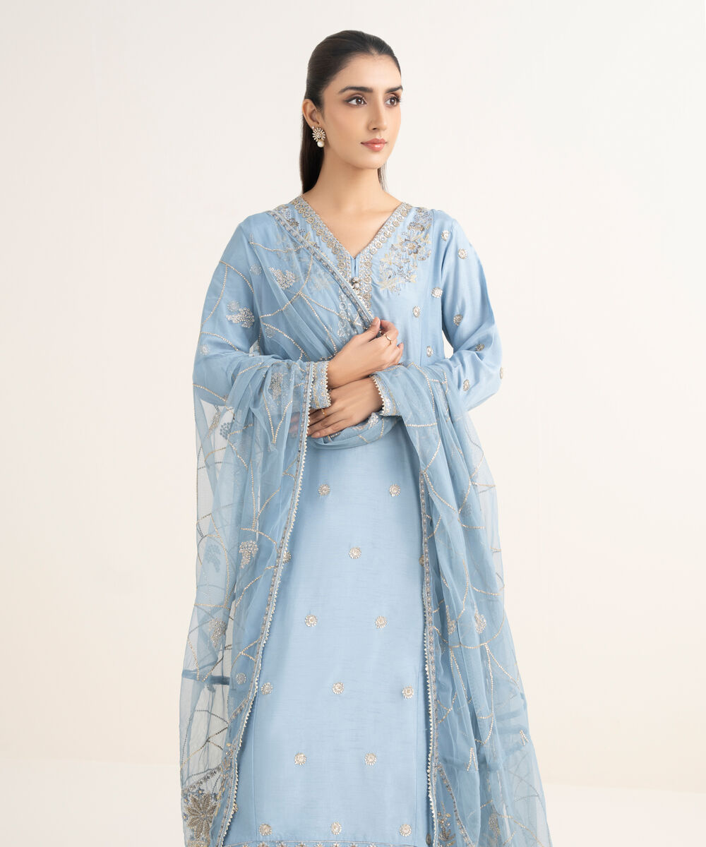 Women's RTW Raw Silk Embroidered Blue 3 Piece Suit