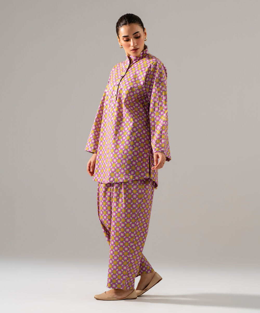 Women's RTW Seersucker Printed Pink 2 Piece Suit