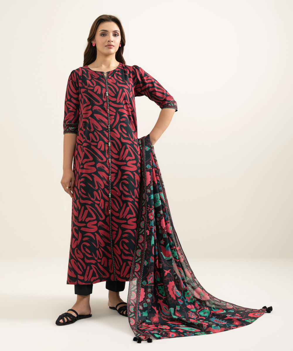 Women's Unstitched Lawn Printed Black 3 Piece Suit