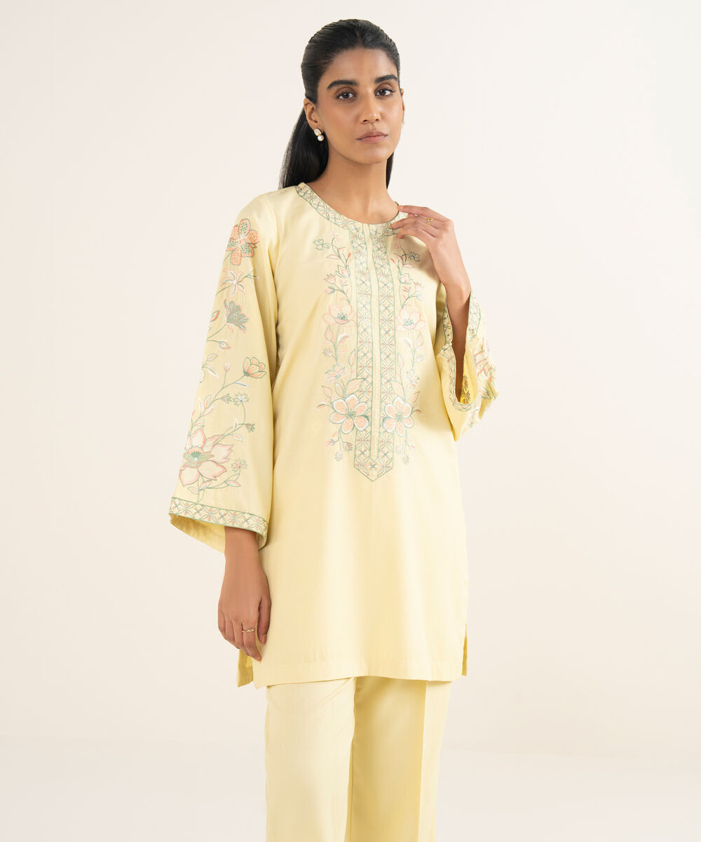 Women's RTW Self Jacquard Leno Embroidered Pale Yellow Straight Shirt