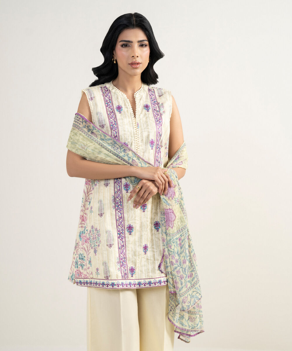 Women's RTW Dobby Embroidered Yellow 3 Piece Suit