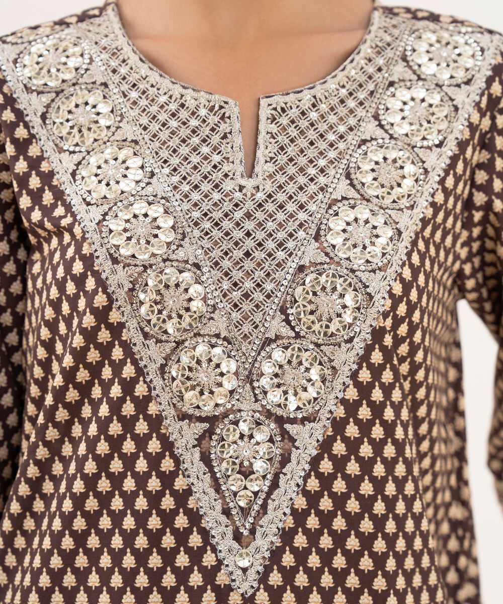 Women's RTW Textured Lawn Brown Embroidered A-Line Shirt