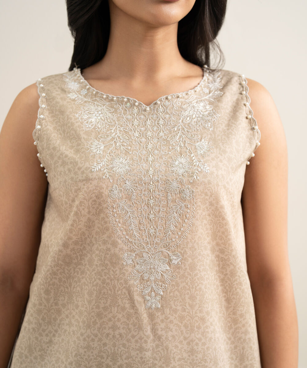 Women's Unstitched Lawn Beige Embroidered 3 Piece Suit