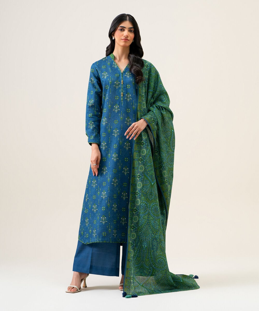 Womens Unstitched Light Khaddar Printed Teal Blue And Green 3 Piece Suit