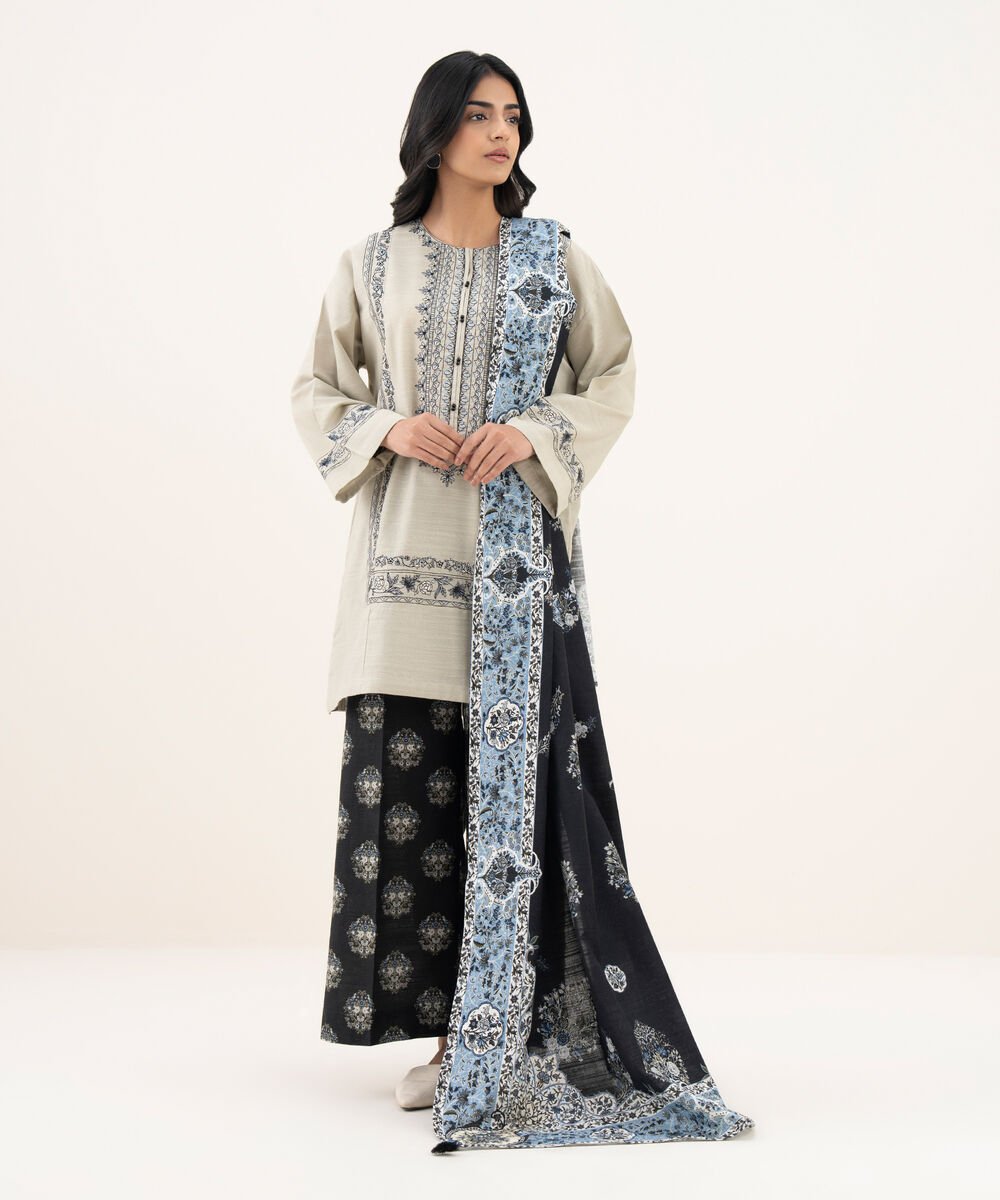 Printed Khaddar Black Dupatta