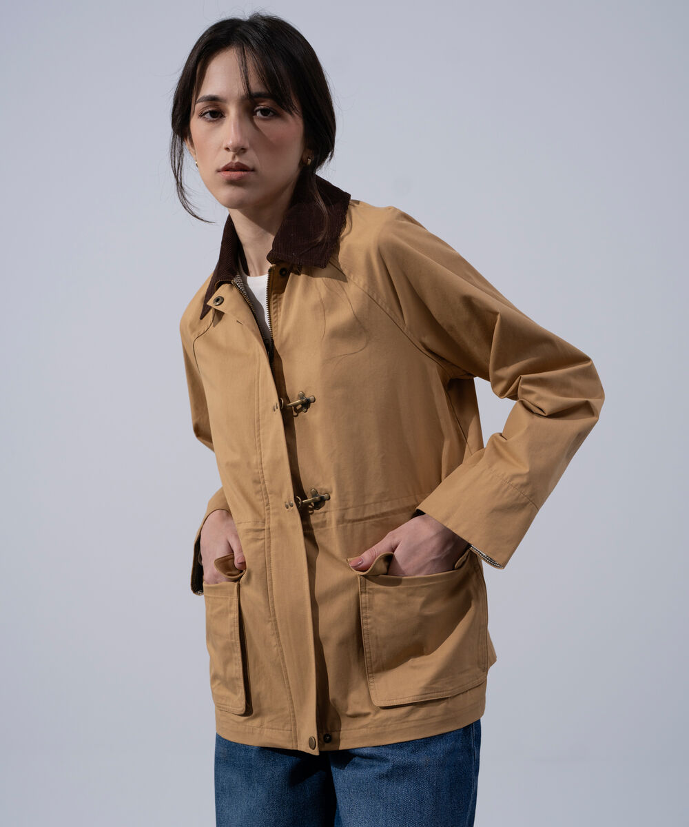 Women's Western Wear Khaki Cotton Utility Toggle-Front Jacket