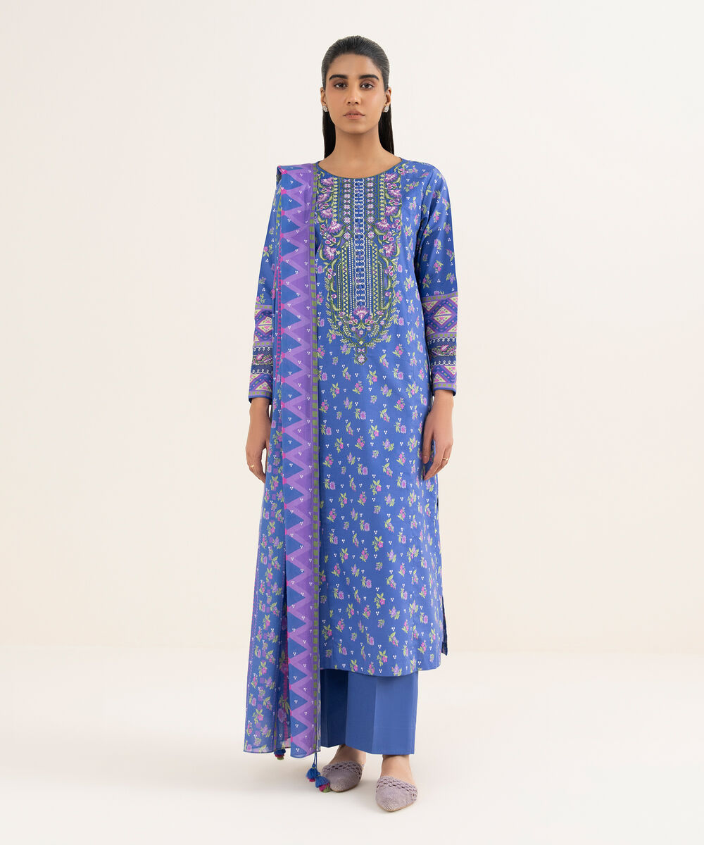Women's Unstitched Textured Lawn Embroidered Blue 3 Piece Suit